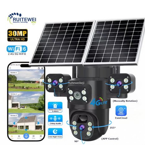 Caméra de Sécurité Réseau Extérieure PTZ 4G sans Fil Eseecloud à Trois Objectifs, Solaire, avec Carte SIM 30MP