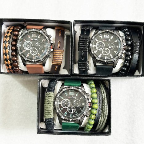 Coffret Montre Homme Tendance 4 Pièces : Montre Quartz à Cadran Rond et 4 Bracelets MOQ:12 piece PRIX:2900 fcfa