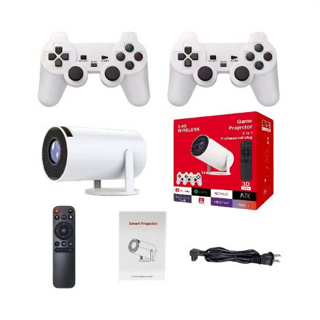 FOURNISSEUR À ADJAME  Projecteur intelligent portable 4K, rotation à 180°, plus de 10 000 jeux vidéo intégrés, manettes de jeu 2,4 GHz, haut-parleurs stéréo HIFI, compatible Android