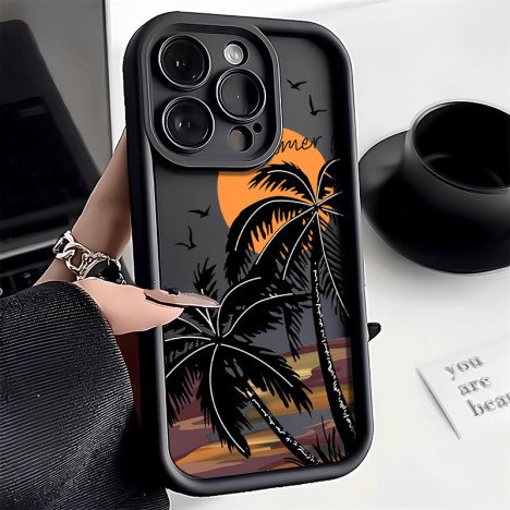 Coque de Téléphone en Silicone Personnalisable avec Motif Coucher de Soleil Cocotiers, Prix de Gros, pour iPhone 17 16 15 14 13 12 11 Pro Max Plus